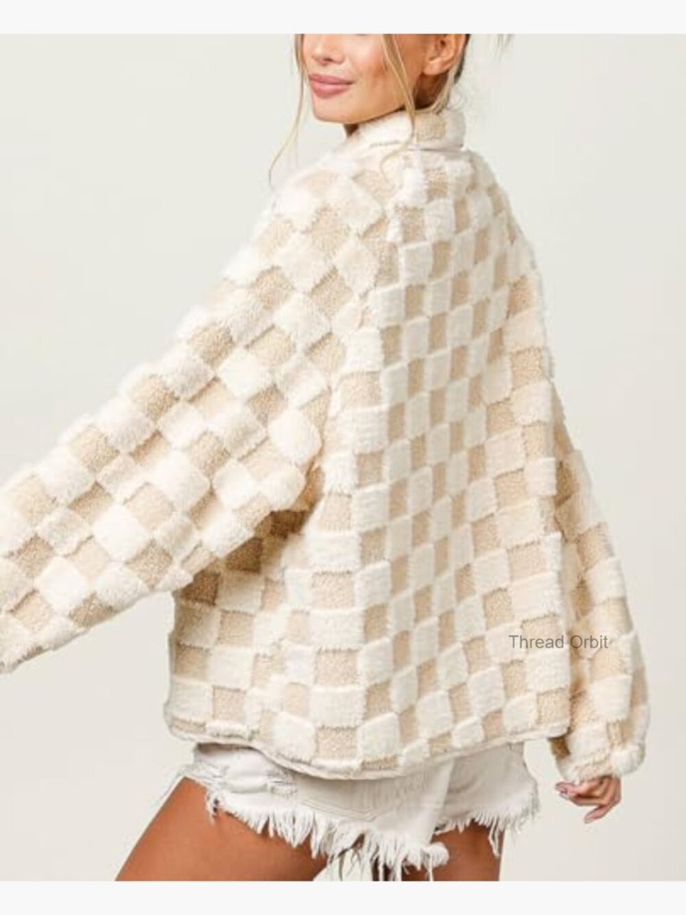 Oversized Sherpa Fleece Jacket with Checkered Pattern, Faux Fur Winter Coat - Picture 2 of 6